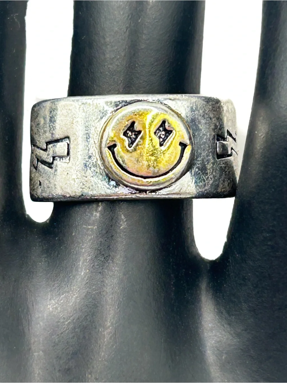 S925 Sterling Silver Smiley Face Adjustable Ring | Lightning Bolt Star Wide Band